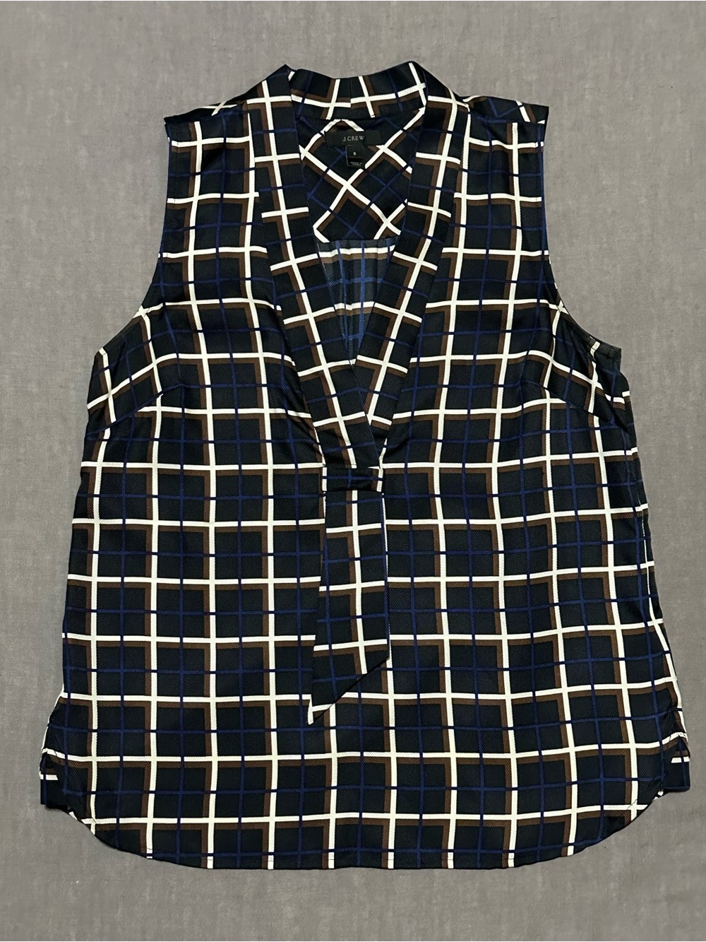 J. Crew Navy and Cream Windowpane Tie-Neck Sleeveless Top